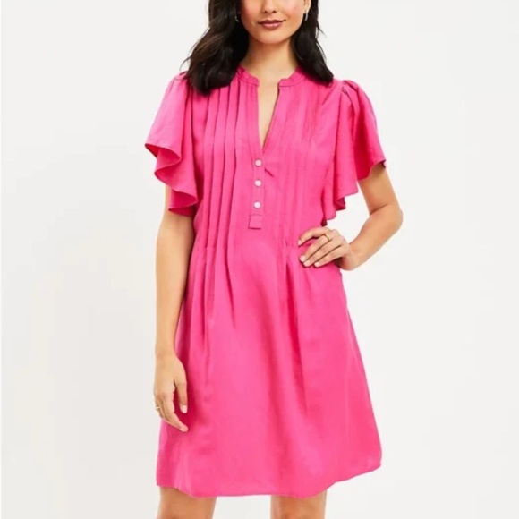 LOFT Dresses & Skirts - NWT Dark Pink Linen Blend Pleated Ruffle Swing Mini Dress Women’s Size M